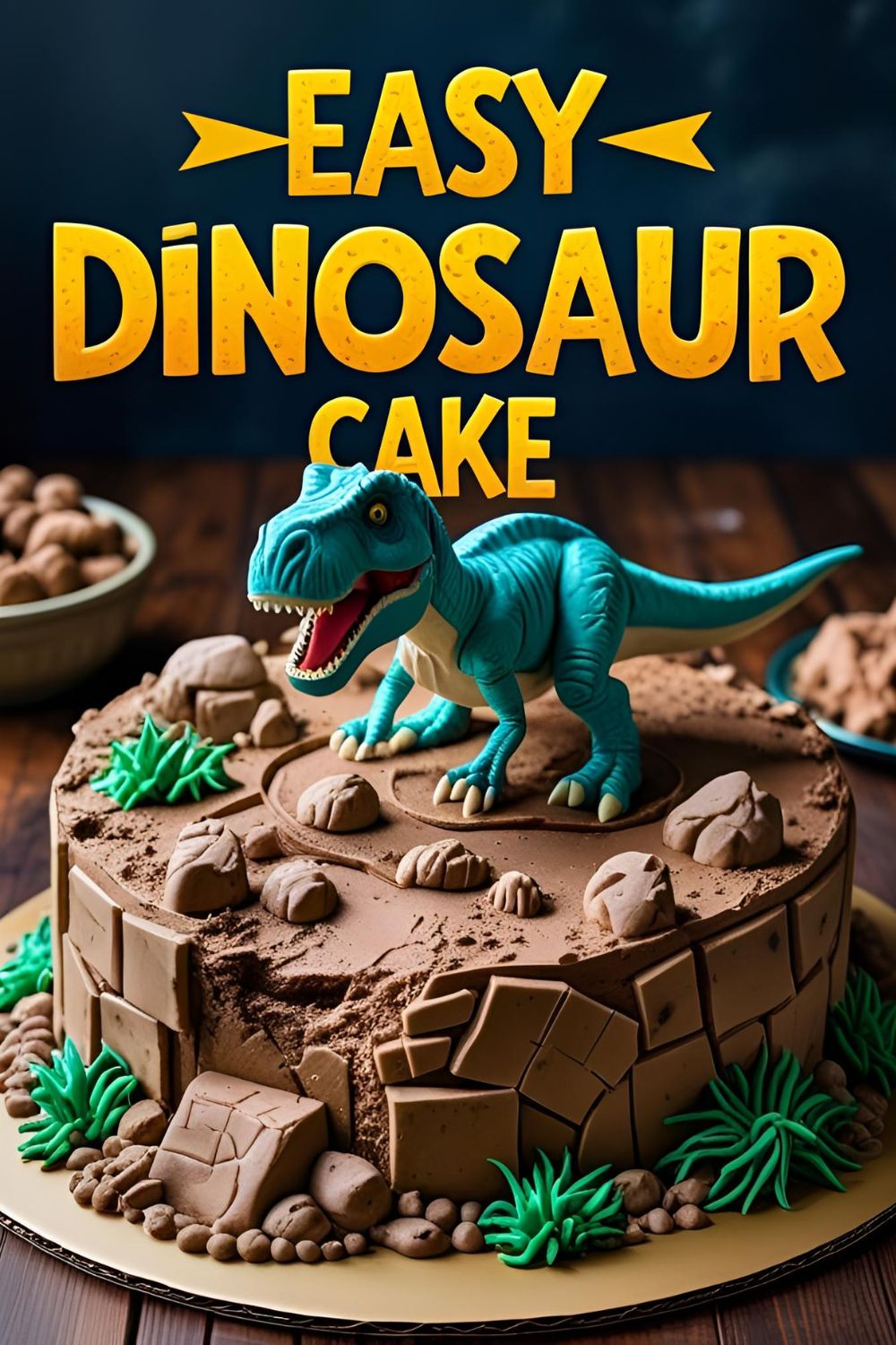 A fun and simple dinosaur birthday cake decorated with chocolate cookie dirt, chocolate rocks, and a toy T-Rex.