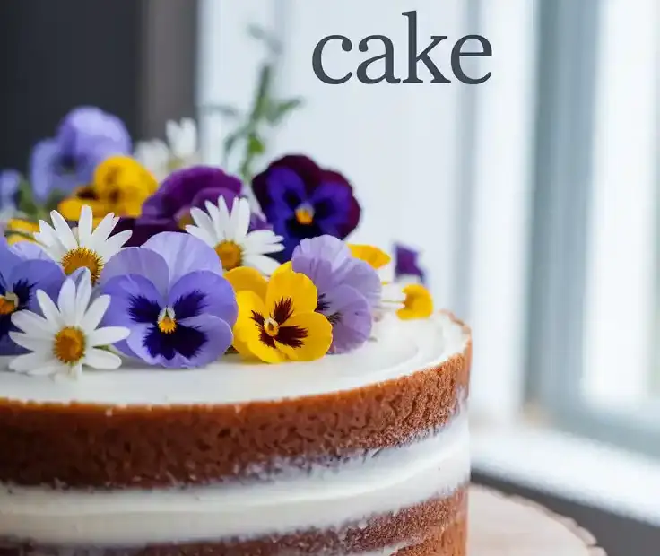 An elegant and simple floral cake with a semi-naked frosting finish, decorated with fresh, colorful edible flowers.