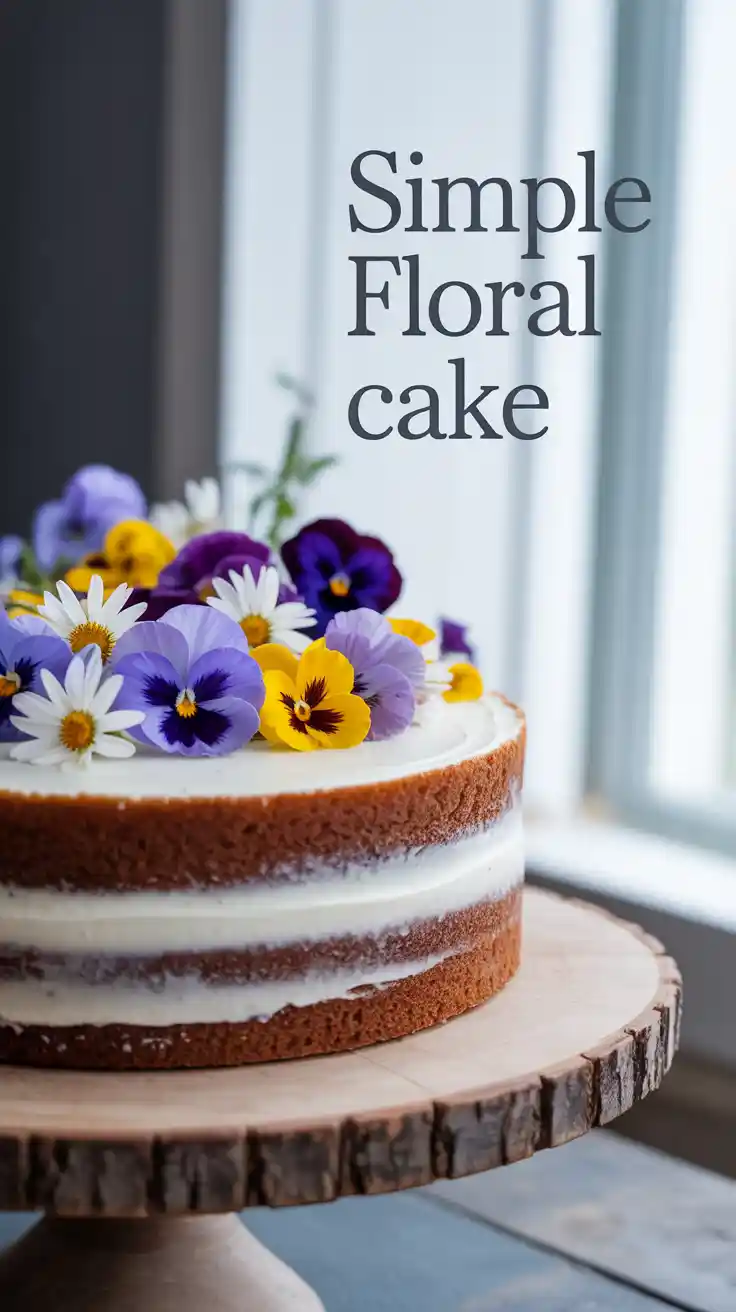 An elegant and simple floral cake with a semi-naked frosting finish, decorated with fresh, colorful edible flowers.