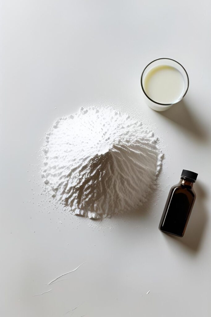 The three simple ingredients for making easy icing from scratch: powdered sugar, milk, and vanilla extract.