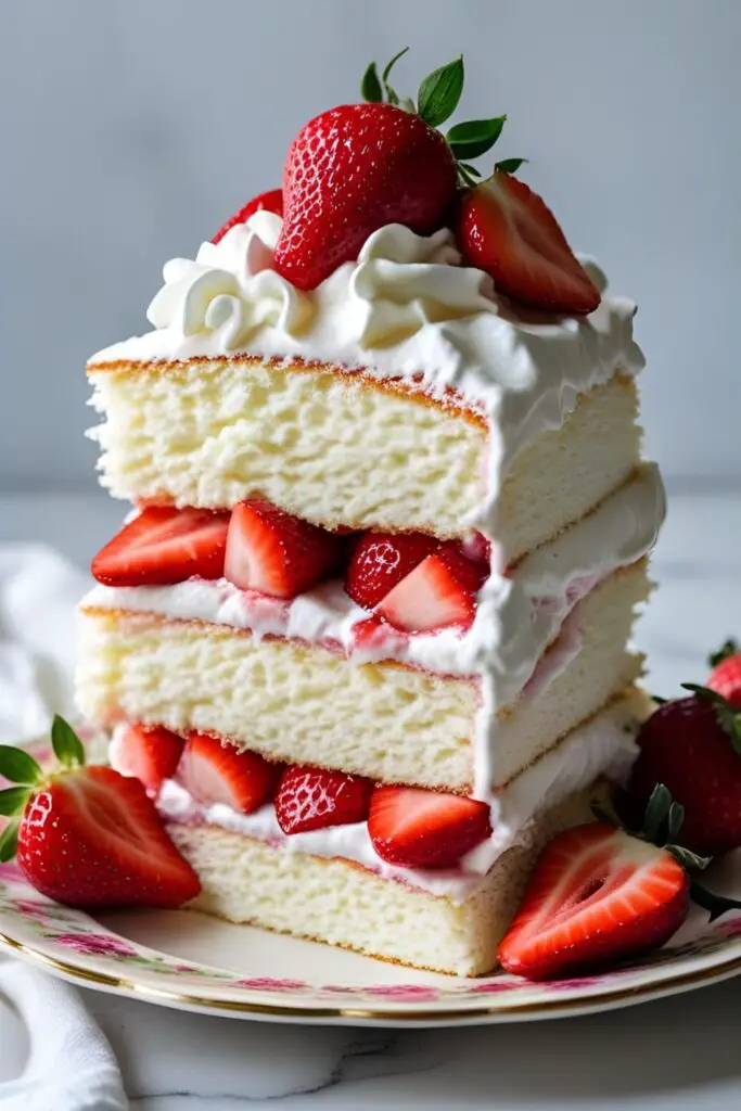 A perfect, light, and airy slice of homemade angel food strawberry shortcake with fresh berries and cream.