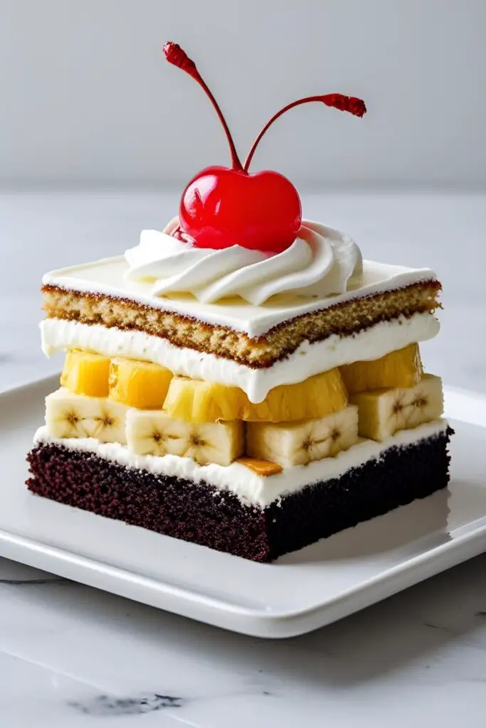 A perfect slice of no-bake banana split cake showing all the delicious layers.