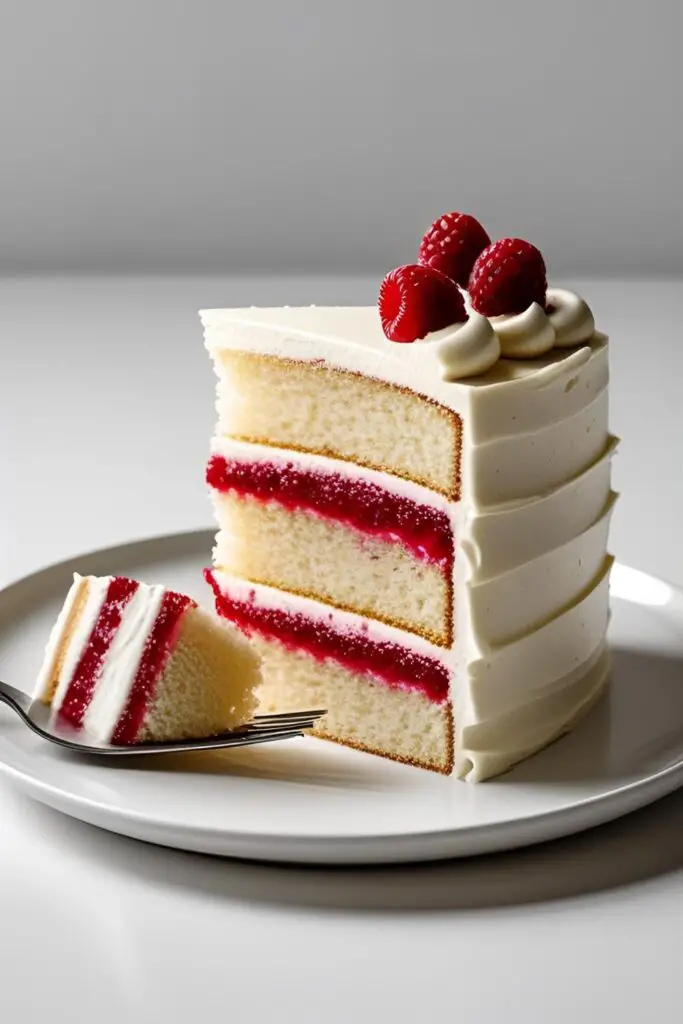 A close-up shot of a slice of champagne and raspberry cake on a plate, showing the distinct layers of cake, raspberry filling, and frosting.
