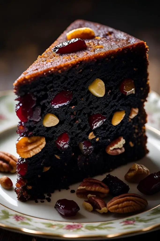 A close-up slice of a rich, dark, and moist homemade fruit cake, showing the texture and packed fruit.