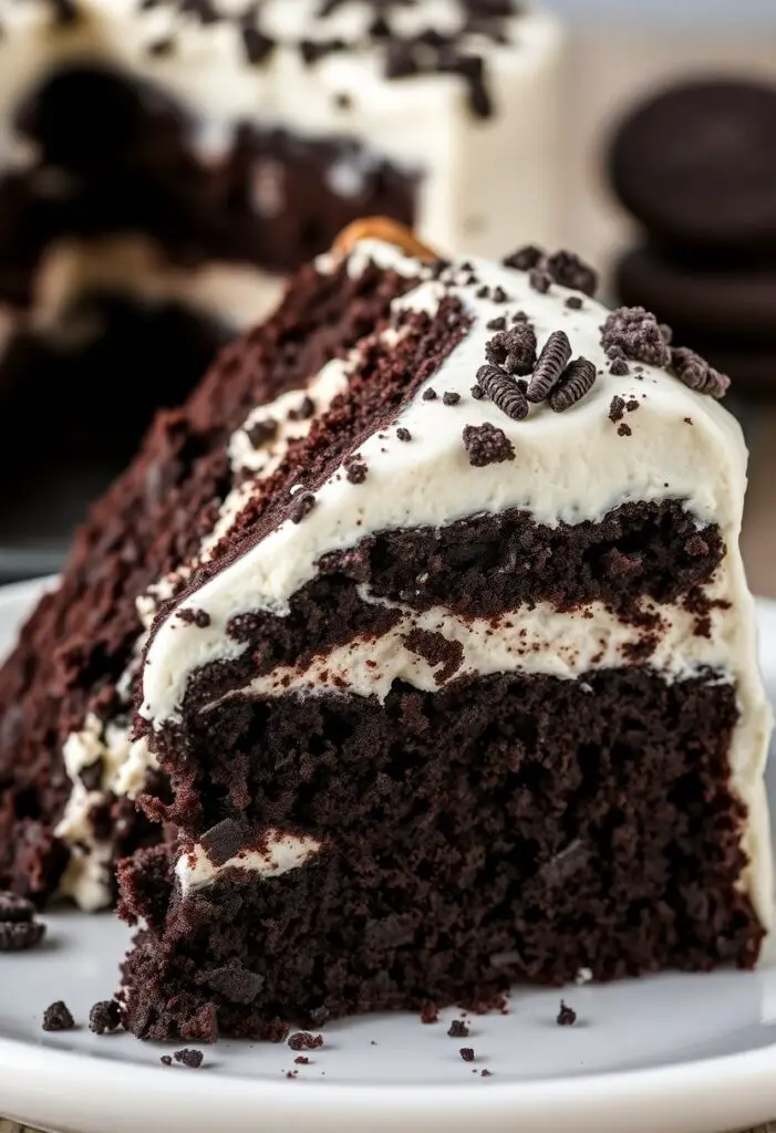 A close-up of a perfect slice of homemade Oreo cake, showing the moist chocolate layers and fluffy cookies and cream frosting.
