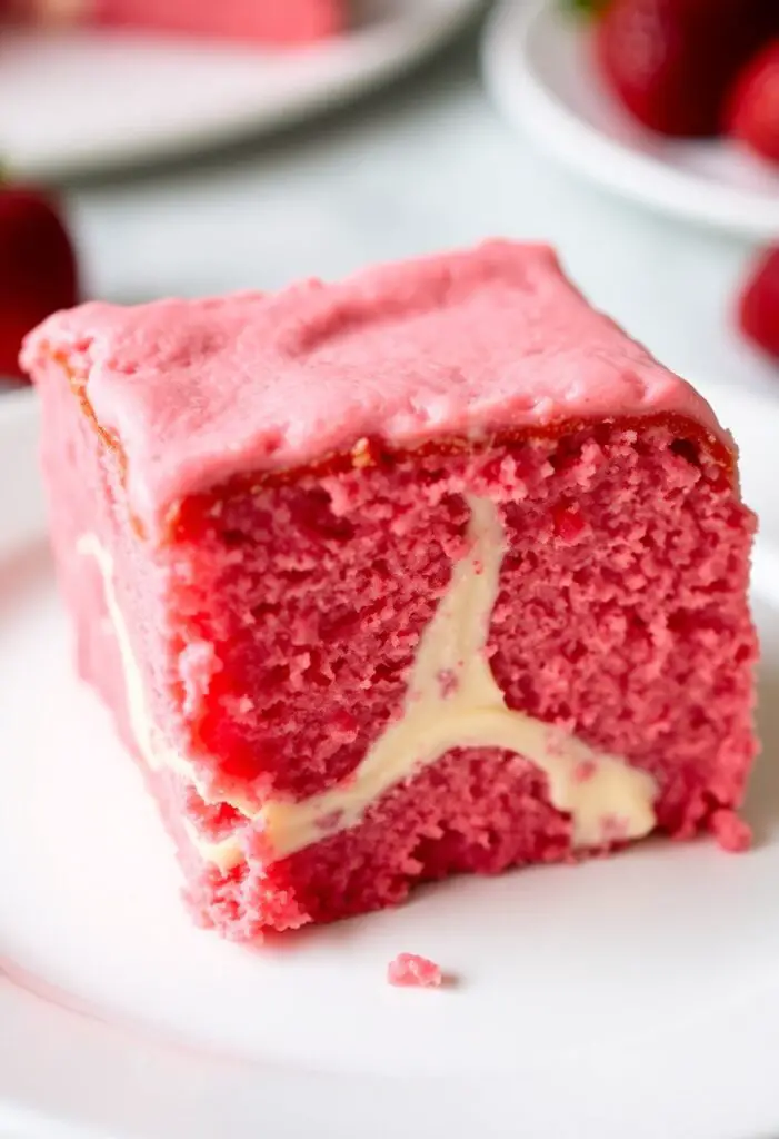 A close-up of a delicious and gooey slice of homemade strawberry earthquake cake.