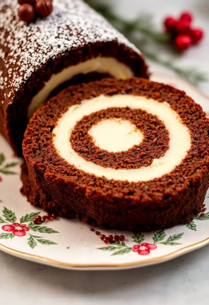 A mouthwatering close-up of a slice of homemade yule log cake with chocolate sponge and whipped cream filling.