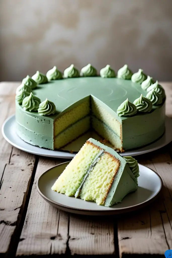 The full sage green cake on a rustic table, with a slice cut out to show the inside texture.