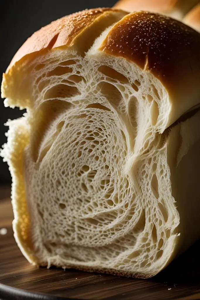 A dynamic action shot of a hand using a serrated knife to slice a freshly baked golden-brown sub roll on a wooden cutting board.