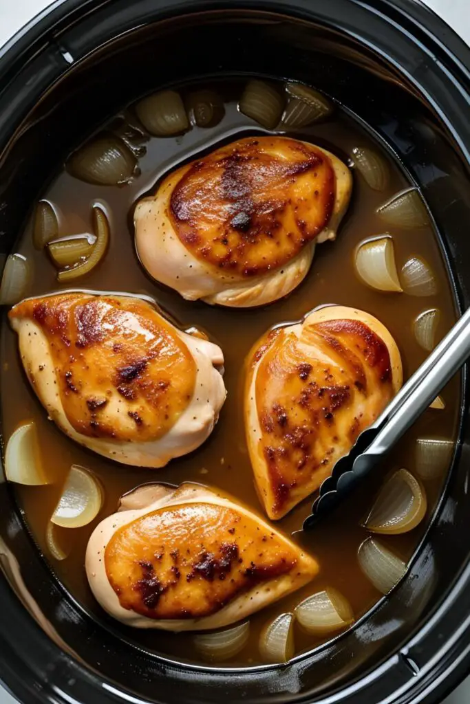 A slow cooker filled with cooked chicken and onions in broth, ready to be shredded.