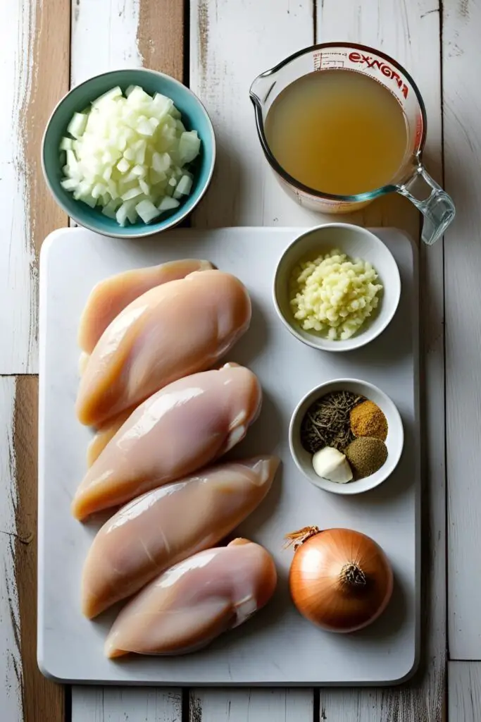 A flat lay of simple ingredients for slow cooker chicken, including raw chicken, onions, garlic, broth, and various spices.