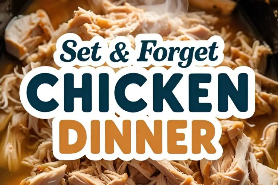 A slow cooker filled with shredded chicken, with the text overlay "Easiest Slow Cooker Chicken."