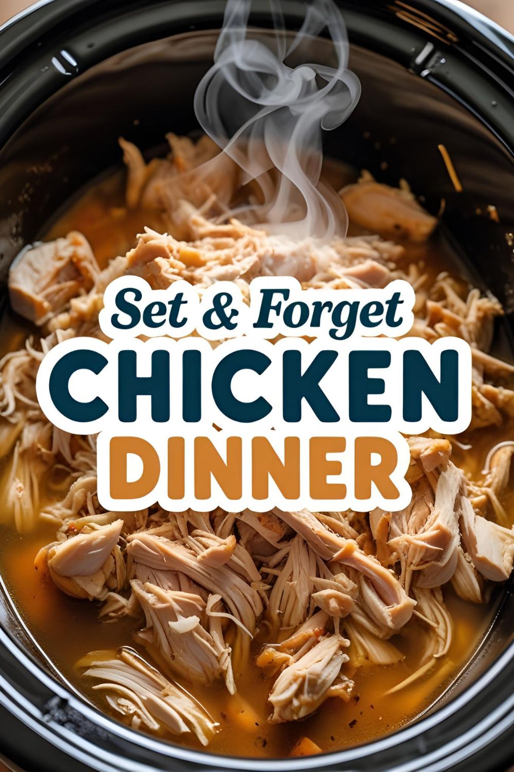 A slow cooker filled with shredded chicken, with the text overlay "Easiest Slow Cooker Chicken."