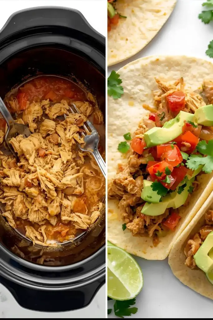Shredded chicken tacos cooking in a slow cooker and a close-up of two delicious, fully assembled crock pot chicken tacos.