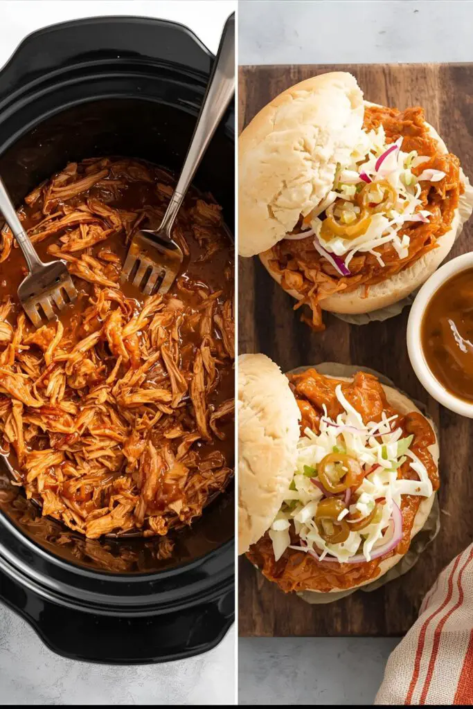 Saucy pulled chicken simmering in a slow cooker and a close-up of two delicious, fully assembled pulled chicken sandwiches.