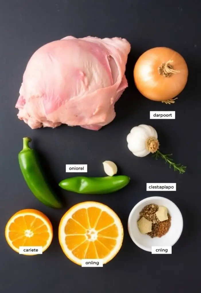 A neat flat lay collage of ingredients for slow cooker carnitas: a raw pork shoulder, an onion, garlic, a jalapeño, an orange, a lime, and a small bowl of spices on a dark background.