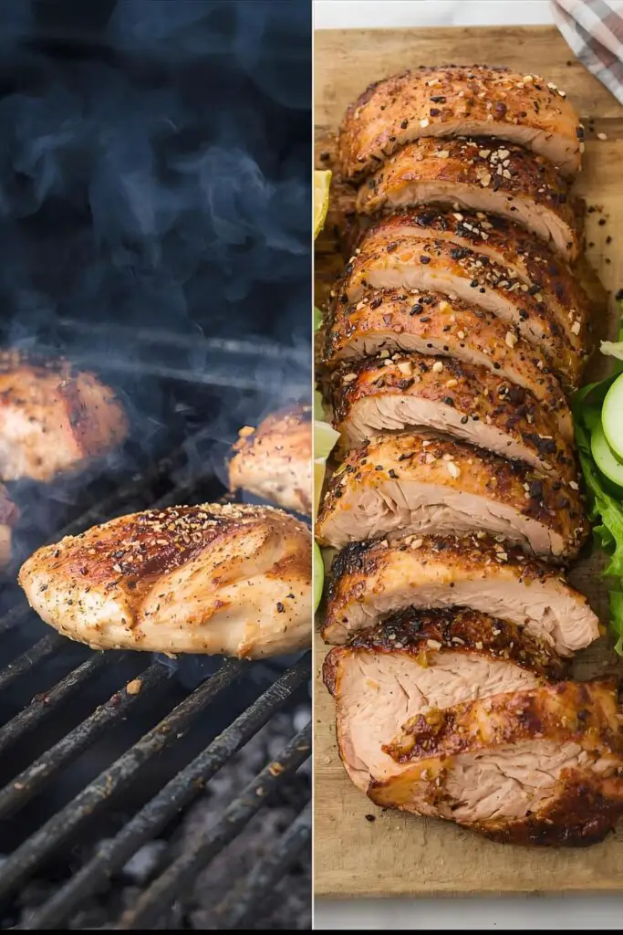 The process of smoking chicken breast on a grill and the final delicious, smoky result ready to be served.