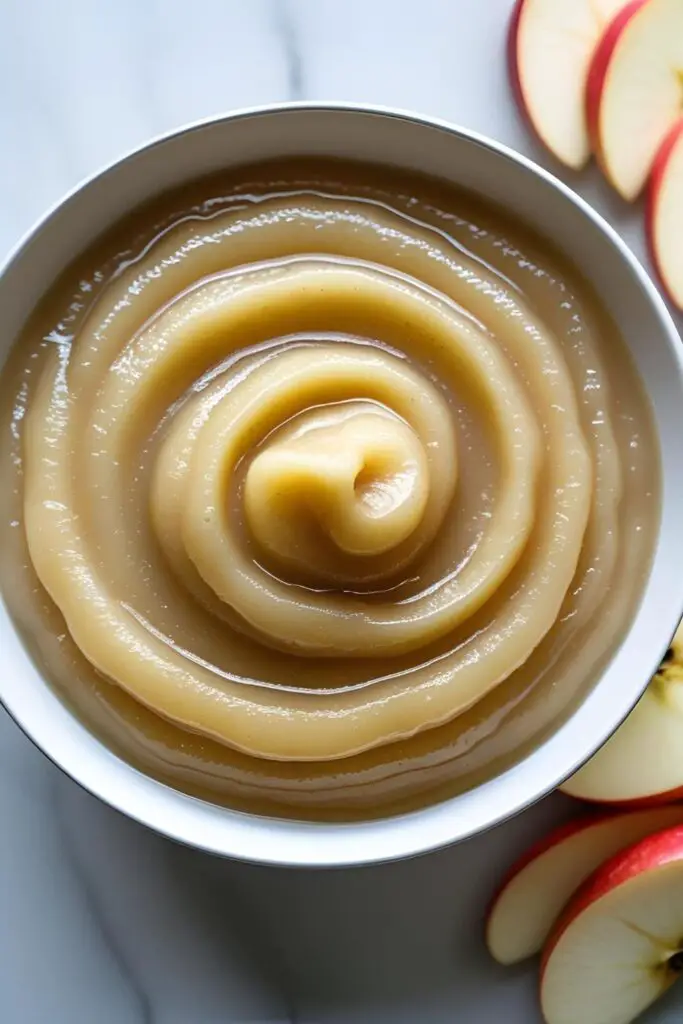 A white bowl filled with perfectly smooth, creamy homemade applesauce, ready to be served as a healthy snack