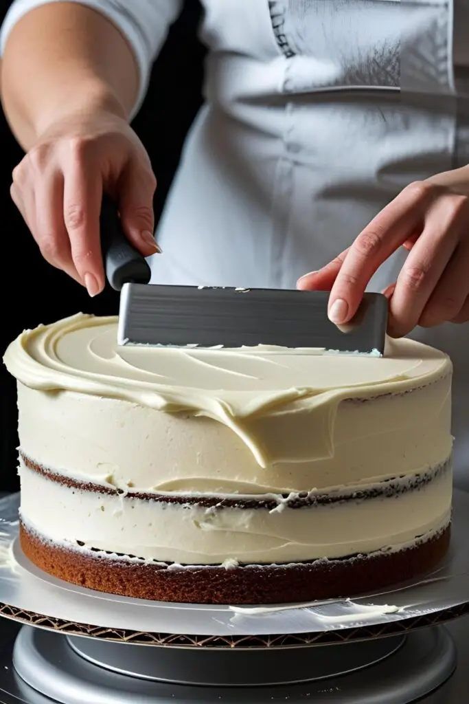 A close-up demonstrating the technique of using a bench scraper to get a smooth finish on a layer cake.