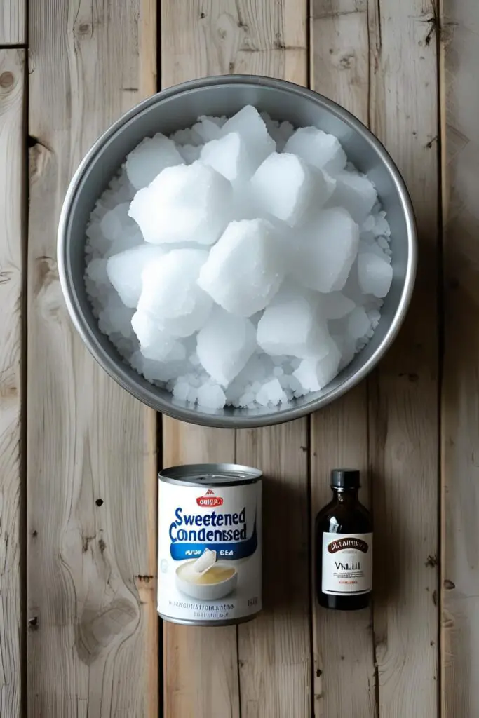 The three simple ingredients for making snow cream: a large bowl of fresh snow, a can of sweetened condensed milk, and vanilla extract.