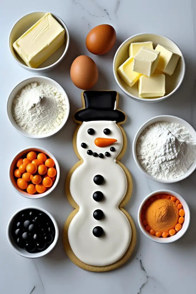 A flat lay of ingredients for making Starbucks snowman cookies, including butter, sugar, flour, eggs, powdered sugar, and candy melts.