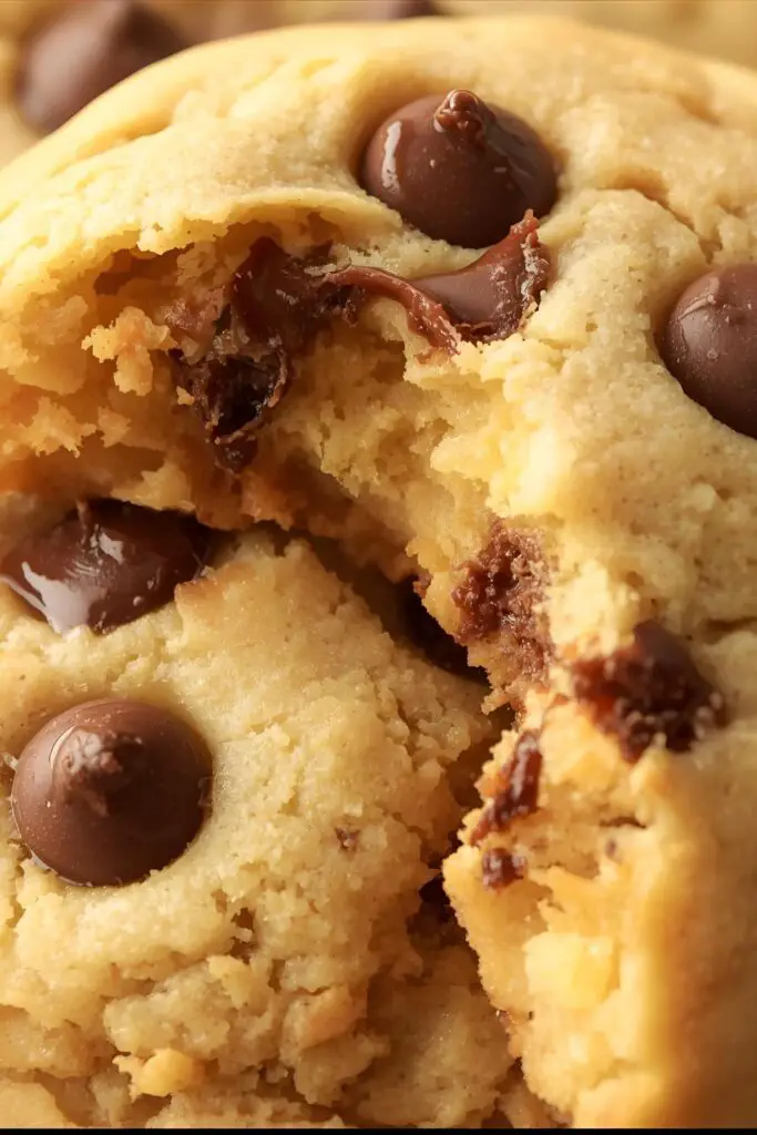 A delicious close-up, macro shot of a chocolate chip cake mix cookie, broken in half to show its soft, chewy interior.