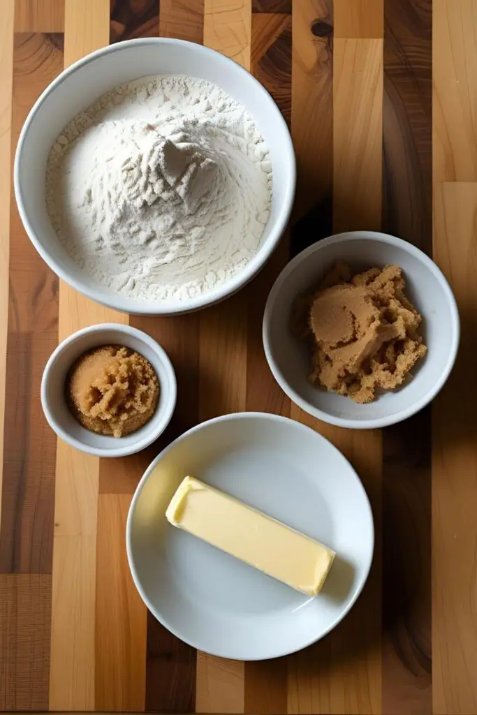 The essential ingredients for making homemade soft pretzels from scratch, including flour, yeast, and sugar.