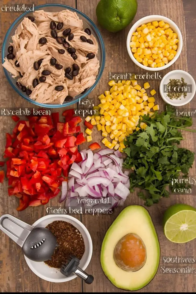 A flat lay of ingredients for southwest chicken salad: cooked chicken, black beans, corn, bell pepper, red onion, cilantro, avocado, lime, and southwest seasoning.