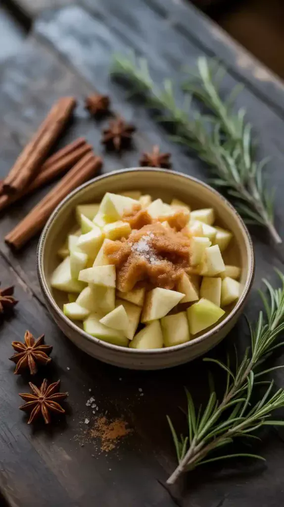 A rustic flat lay of ingredients for a spiced apple cake, including grated apple, brown sugar, cinnamon sticks, and rosemary.