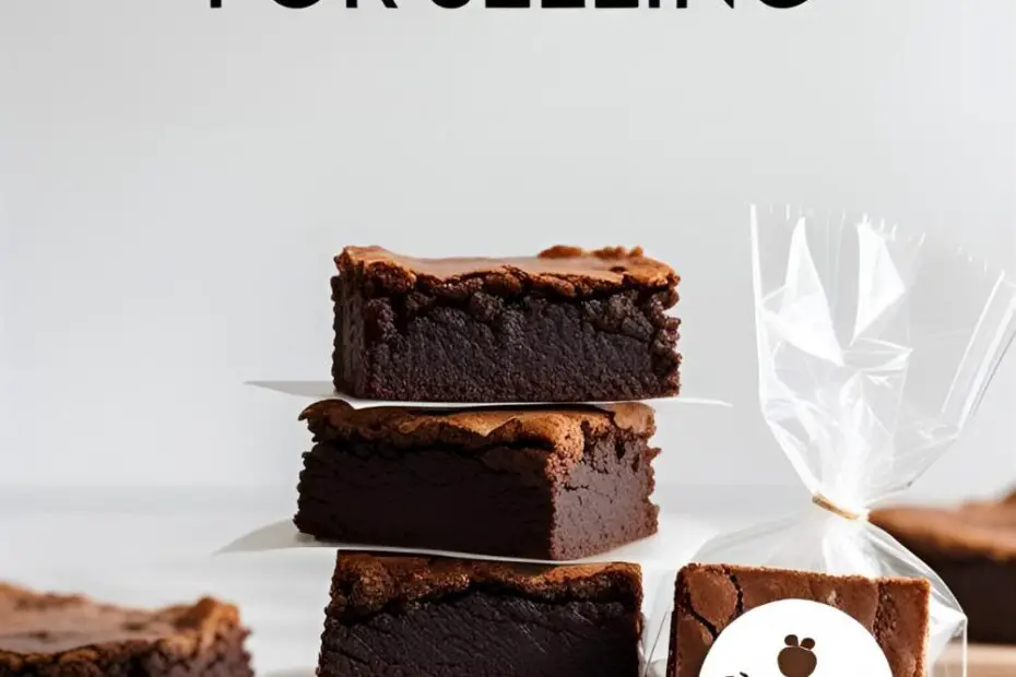 stack of professional-looking, fudgy brownies, with one wrapped for sale, illustrating a perfect 'brownie para vender' recipe.