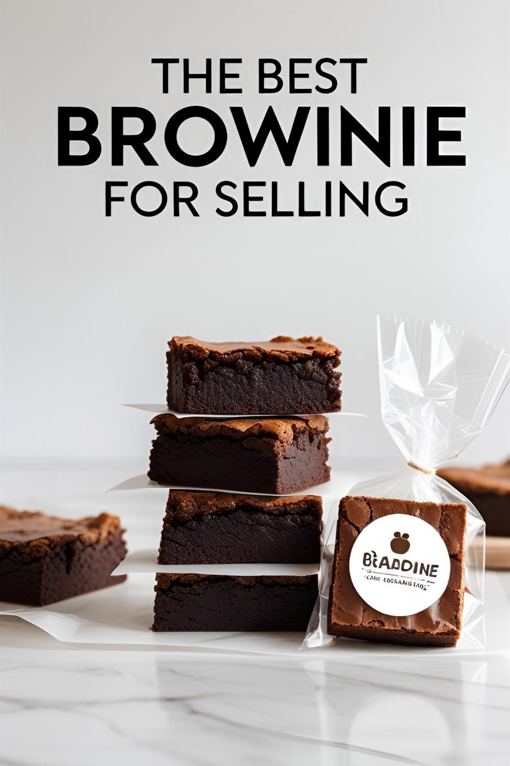 stack of professional-looking, fudgy brownies, with one wrapped for sale, illustrating a perfect 'brownie para vender' recipe.