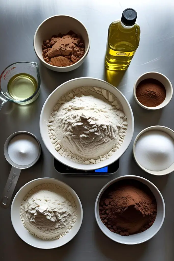 The ingredients for a professional brownie recipe, including a kitchen scale weighing flour, emphasizing consistency for selling.