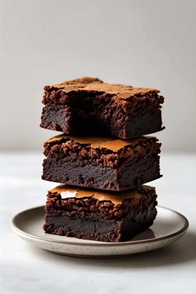 A tall stack of three perfect, fudgy brownies made from the Stray Kids Felix recipe, with a bite taken out of the top one