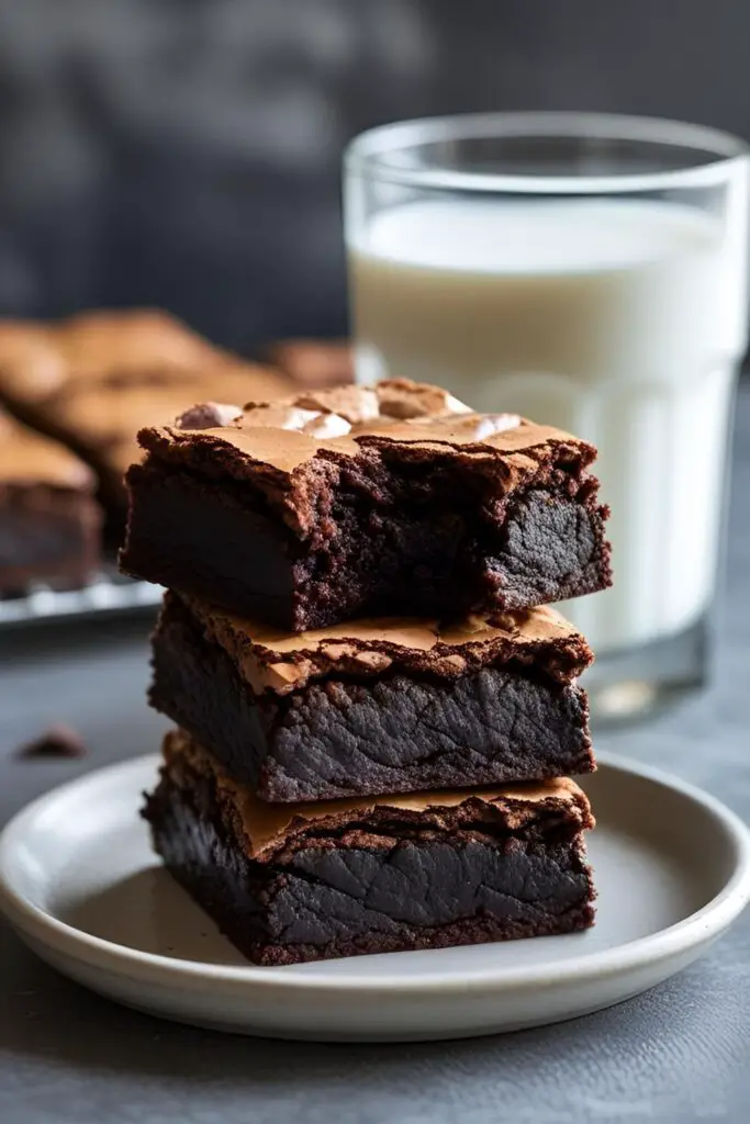 A tall stack of three perfect, fudgy homemade brownies, with a bite taken out of the top one to show the texture