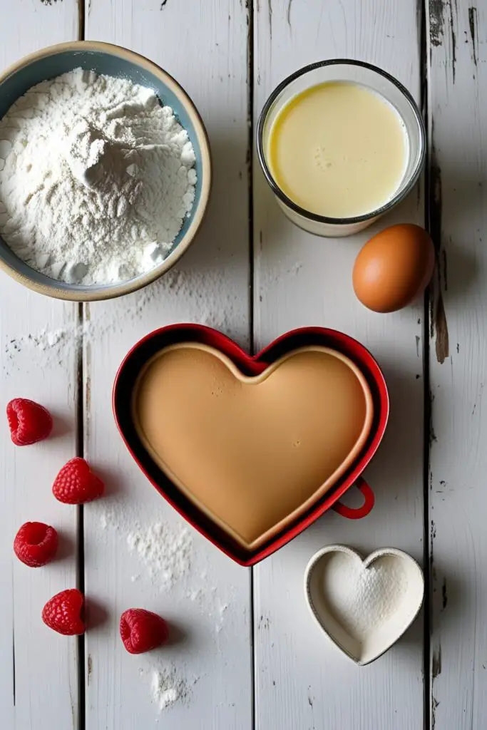 A romantic flat-lay of ingredients for buttermilk pancakes, including buttermilk, flour, an egg, and a heart-shaped mold.