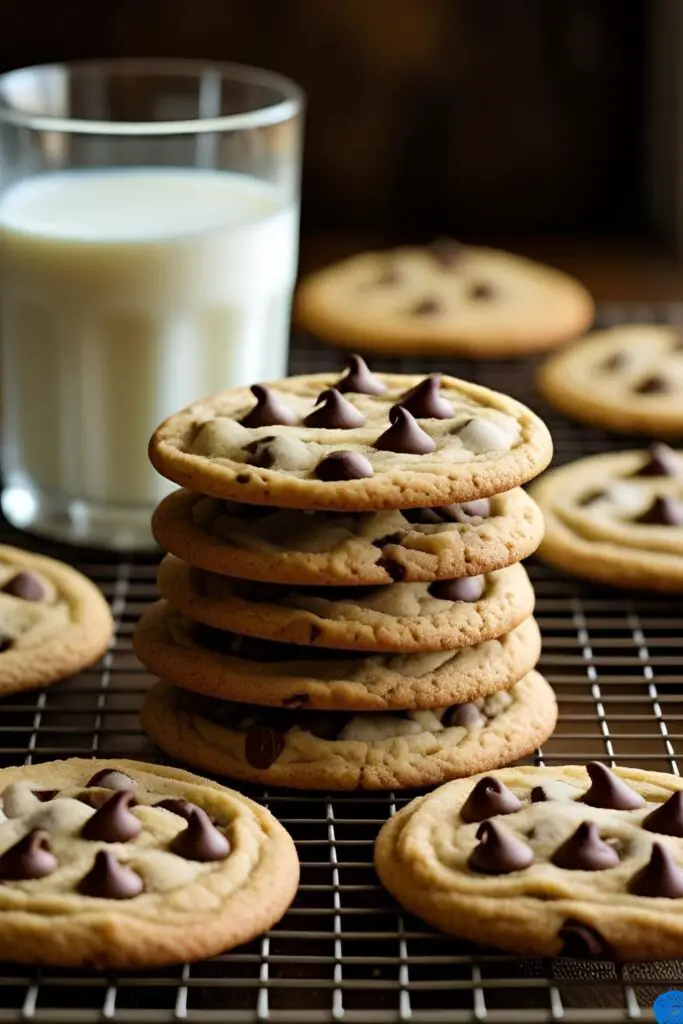 A tall stack of freshly baked chocolate chip cookies cooling on a wire rack next to a glass of milk.