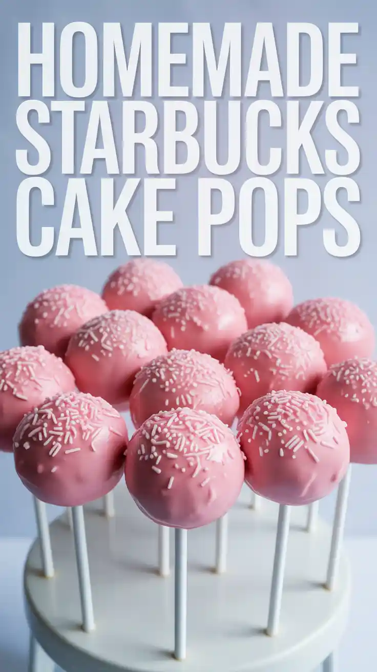 A neat row of homemade pink Starbucks copycat birthday cake pops with white sprinkles standing in a cake pop holder.