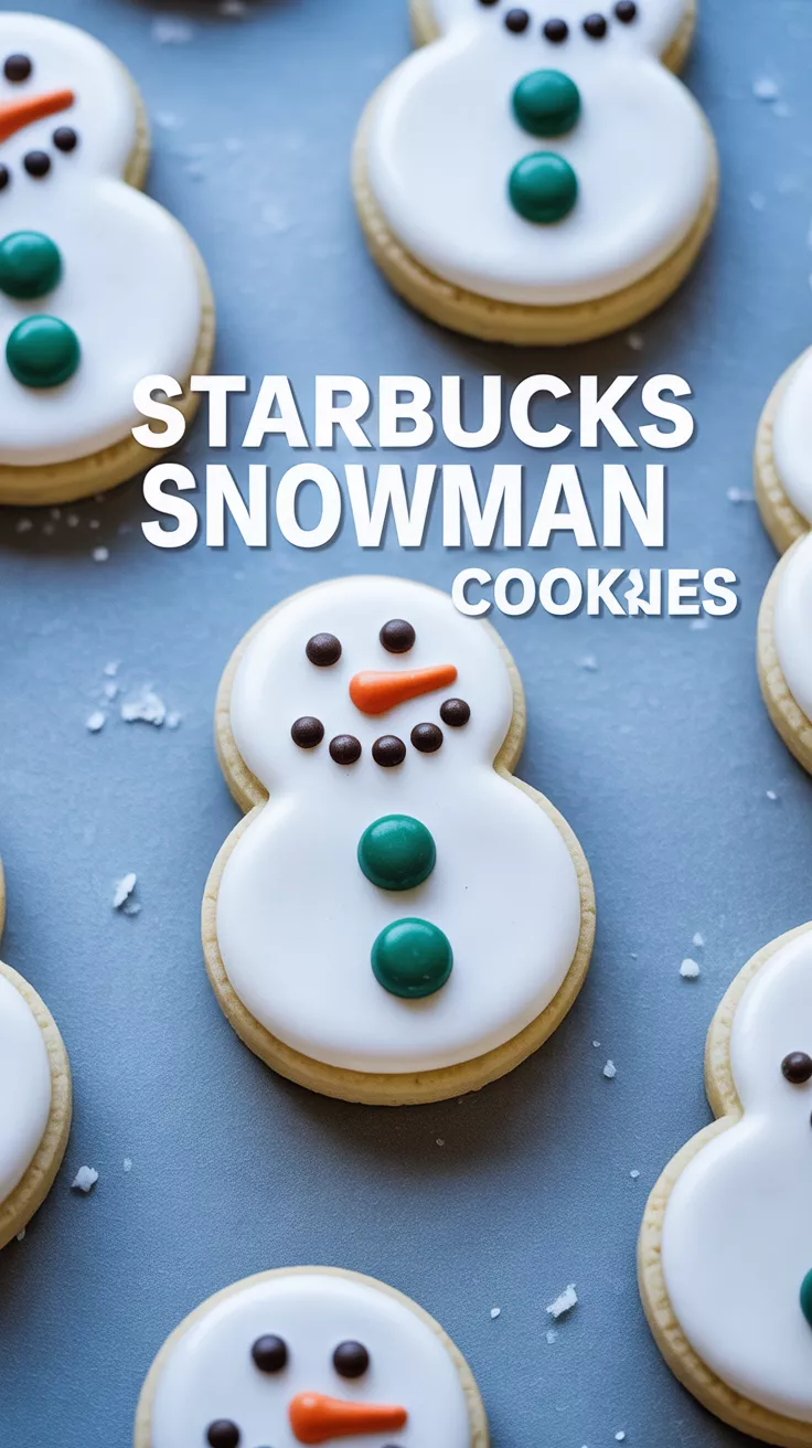 Homemade Starbucks snowman cookies decorated with royal icing, with the text overlay "Starbucks Snowman Cookies."