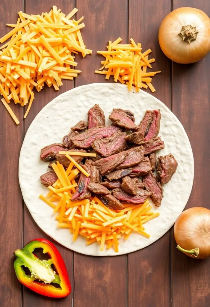 A rustic flat lay collage of ingredients for a steak quesadilla: thinly sliced cooked steak, a pile of shredded cheddar and Monterey Jack cheese, a flour tortilla, a sliced bell