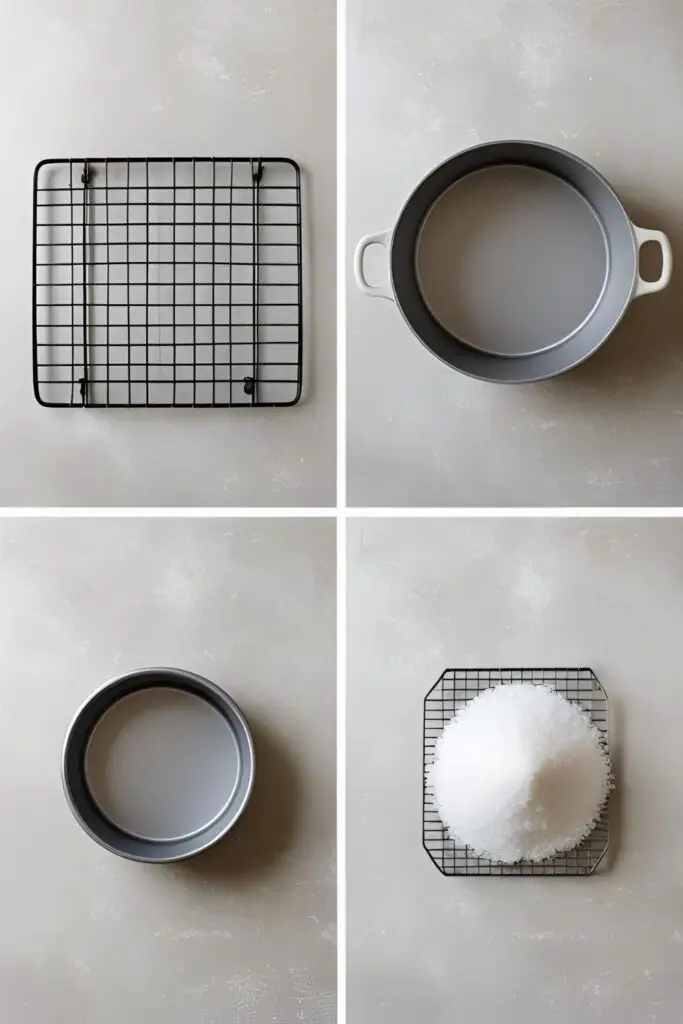 A flat lay of the tools needed to bake a cake on the stove: a large pot, a wire rack, a cake pan, and salt.