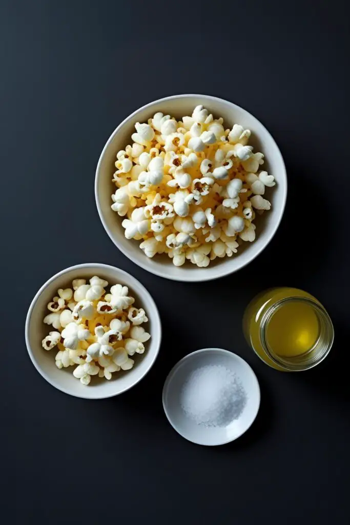 The simple ingredients for making stovetop popcorn: a bowl of popcorn kernels, a jar of coconut oil, and sea salt.