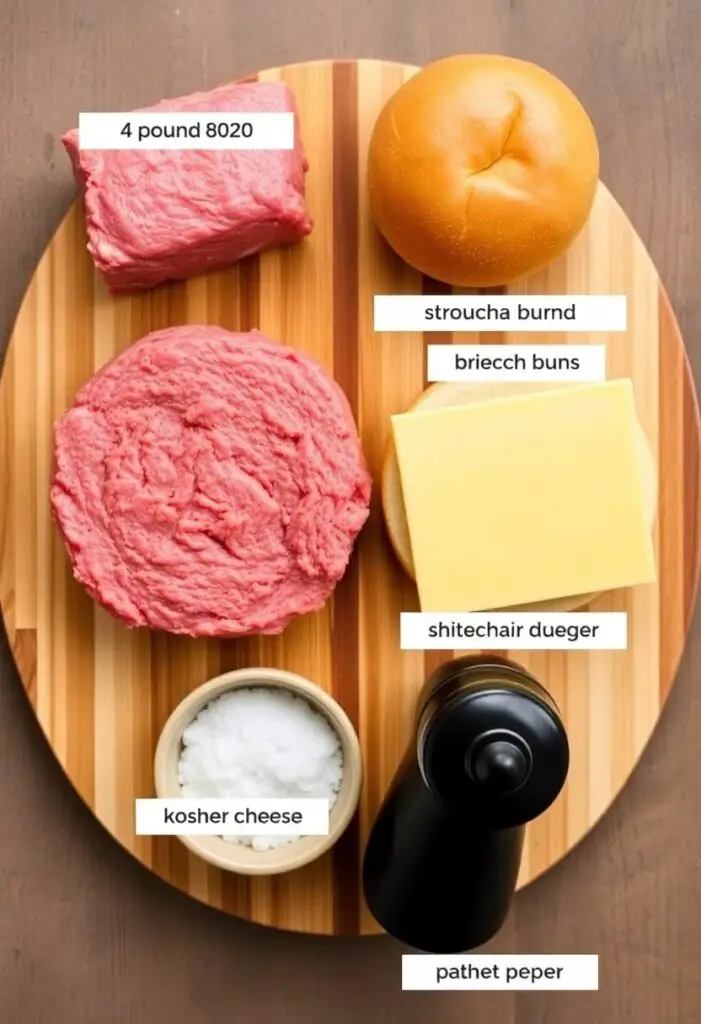 A rustic flat lay collage of ingredients for a stovetop burger: a pound of 80/20 ground chuck, a brioche bun, a slice of cheddar cheese, kosher salt, and a black pepper mill on a wooden board.