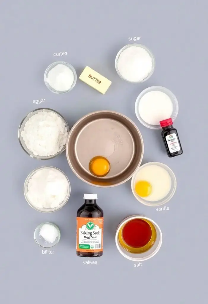 A neat flat lay collage of ingredients for a stovetop cake: flour, sugar, butter, eggs, milk, baking powder, baking soda, vanilla extract, and salt, arranged around a small cake pan.