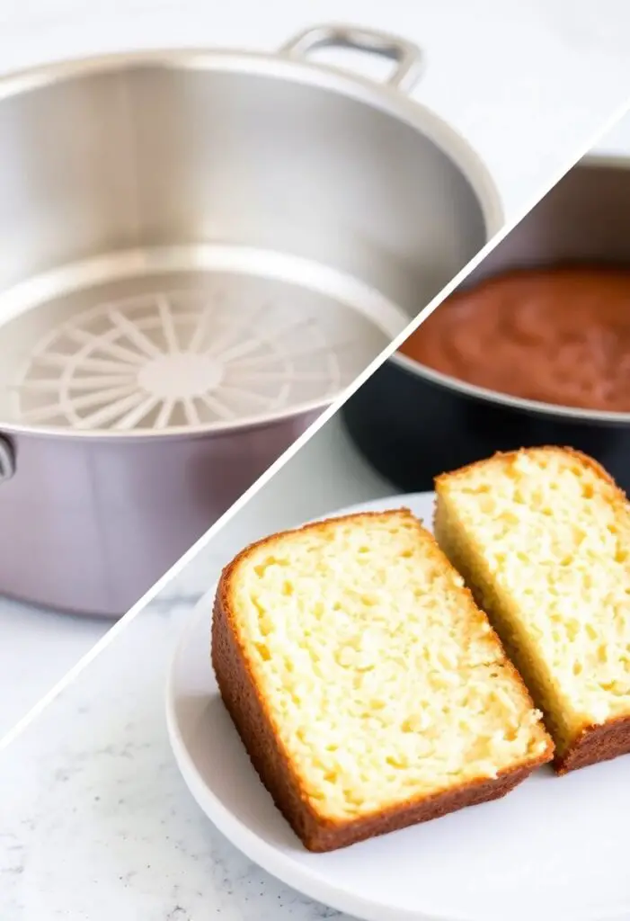 A close-up showing two stages: one half shows the inside of a large pot with a trivet and a cake pan ready to cook, and the other half shows a sliced, moist stovetop-baked cake on a plate, revealing its tender crumb.