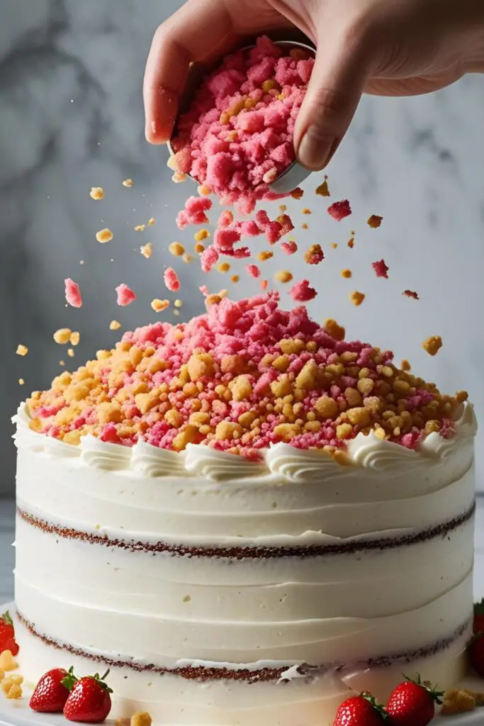 The strawberry crunch topping being generously sprinkled over the side of a white frosted layer cake, showcasing its use as a decoration.