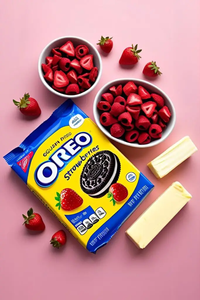 A flat lay collage of key ingredients for strawberry crunch cake: vanilla cookies, freeze-dried strawberries, cream cheese, and butter.

