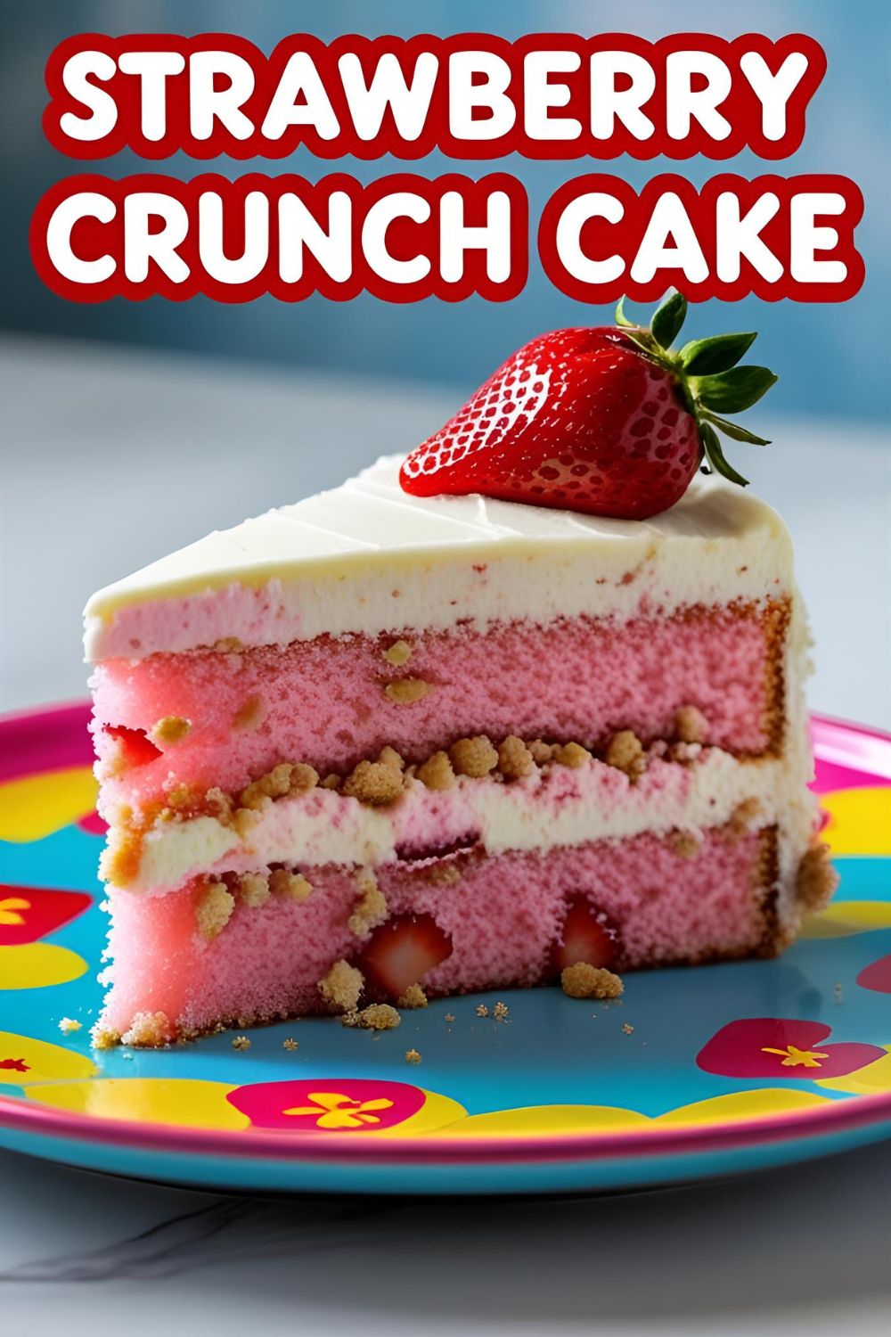 A perfect slice of strawberry crunch cake on a plate, showing the vibrant pink layers, frosting, and crunchy topping.