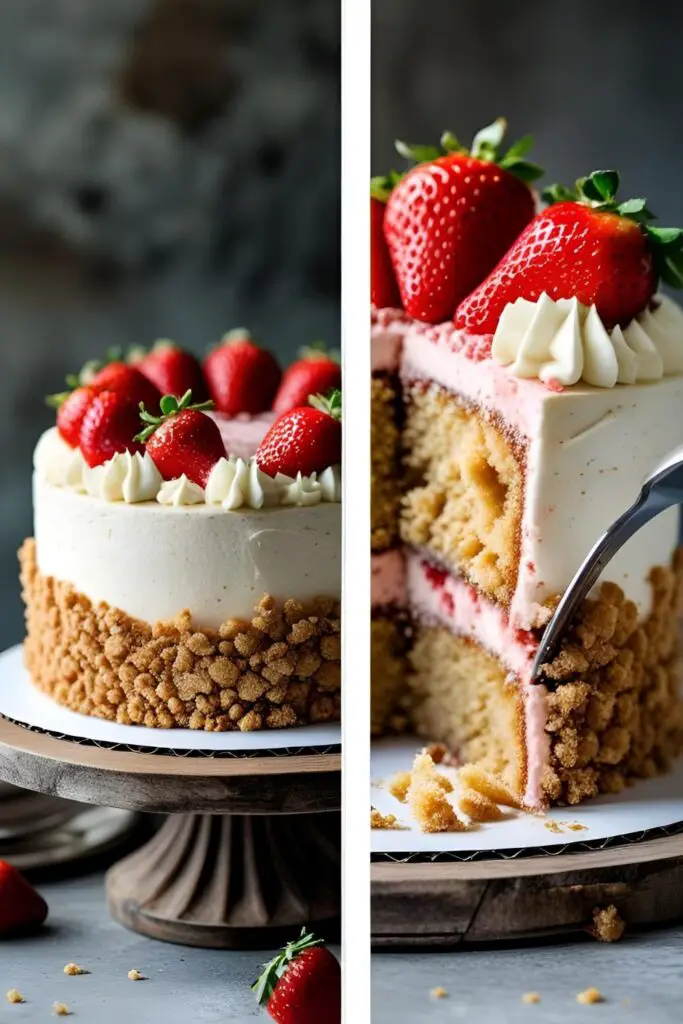 Two images of a strawberry crunch cake: the full cake on a stand, and a macro close-up of a fork cutting into a slice to show the texture.