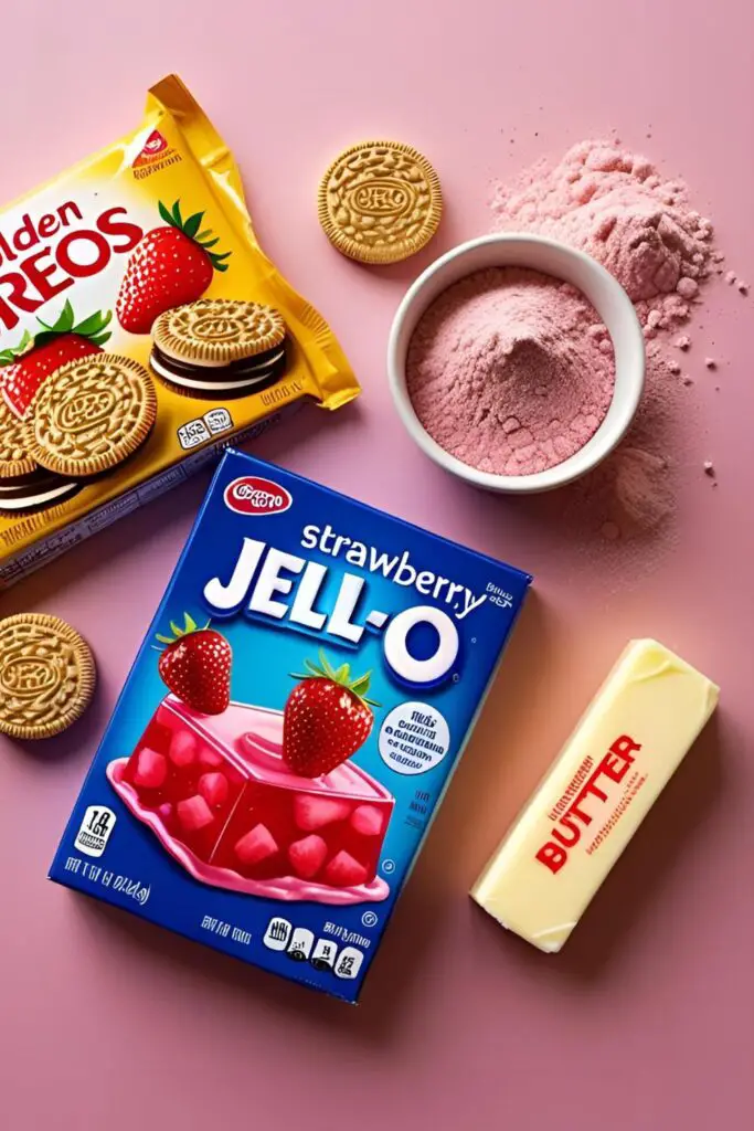 A colorful flat lay of ingredients for strawberry crunch topping: a package of Golden Oreos, a box of strawberry Jell-O, and a stick of butter on a pink background.
