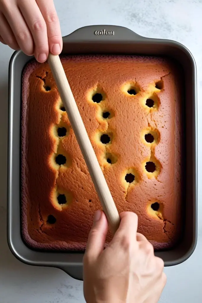 An instructional photo showing a hand using the handle of a wooden spoon to poke holes in a warm cake to make a poke cake.
